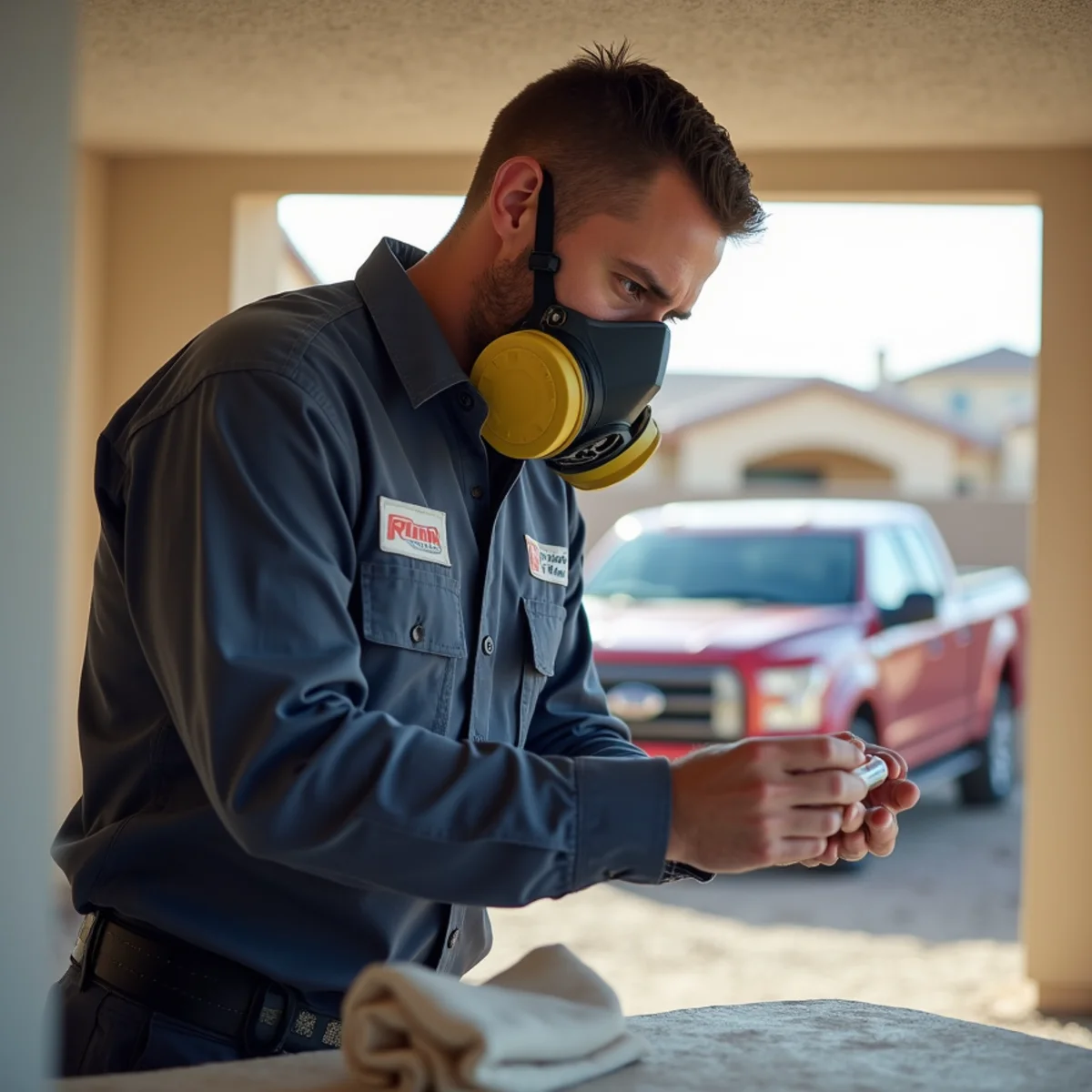 Environmental inspector taking sample of acoustic ceiling texture for laboratory testing across Las Vegas