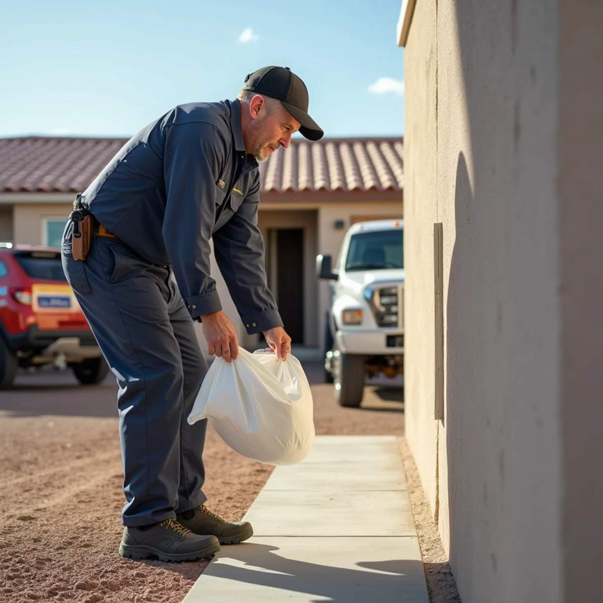 Inspector using specialized glove bag containment for environmental material testing across Las Vegas
