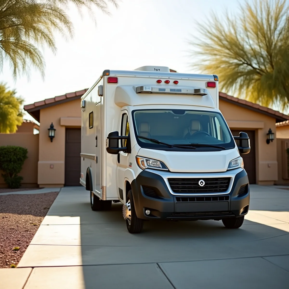 Discreet emergency response vehicle staged in residential driveway across Las Vegas