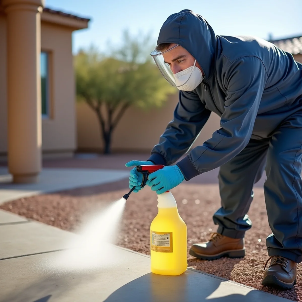 Certified biohazard technician in protective suit applying disinfectant solution across Las Vegas
