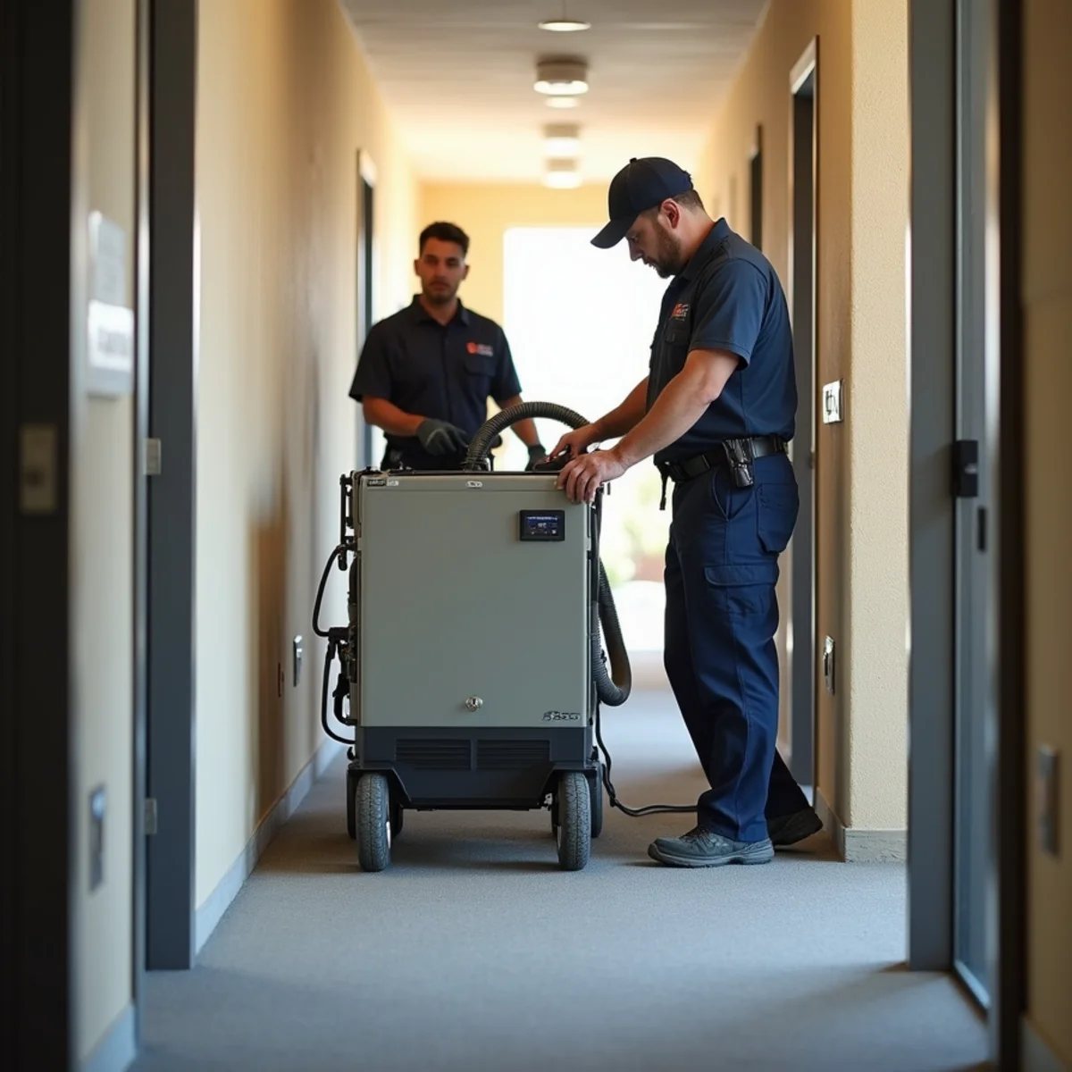 Commercial desiccant dehumidification system drying carpeted office building hallway across Las Vegas