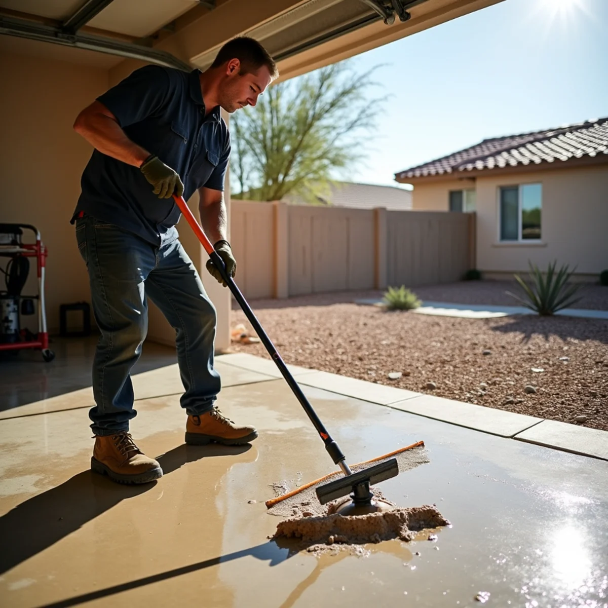 Restoration crew clearing silty storm runoff and mud from flooded Las Vegas garage across Las Vegas