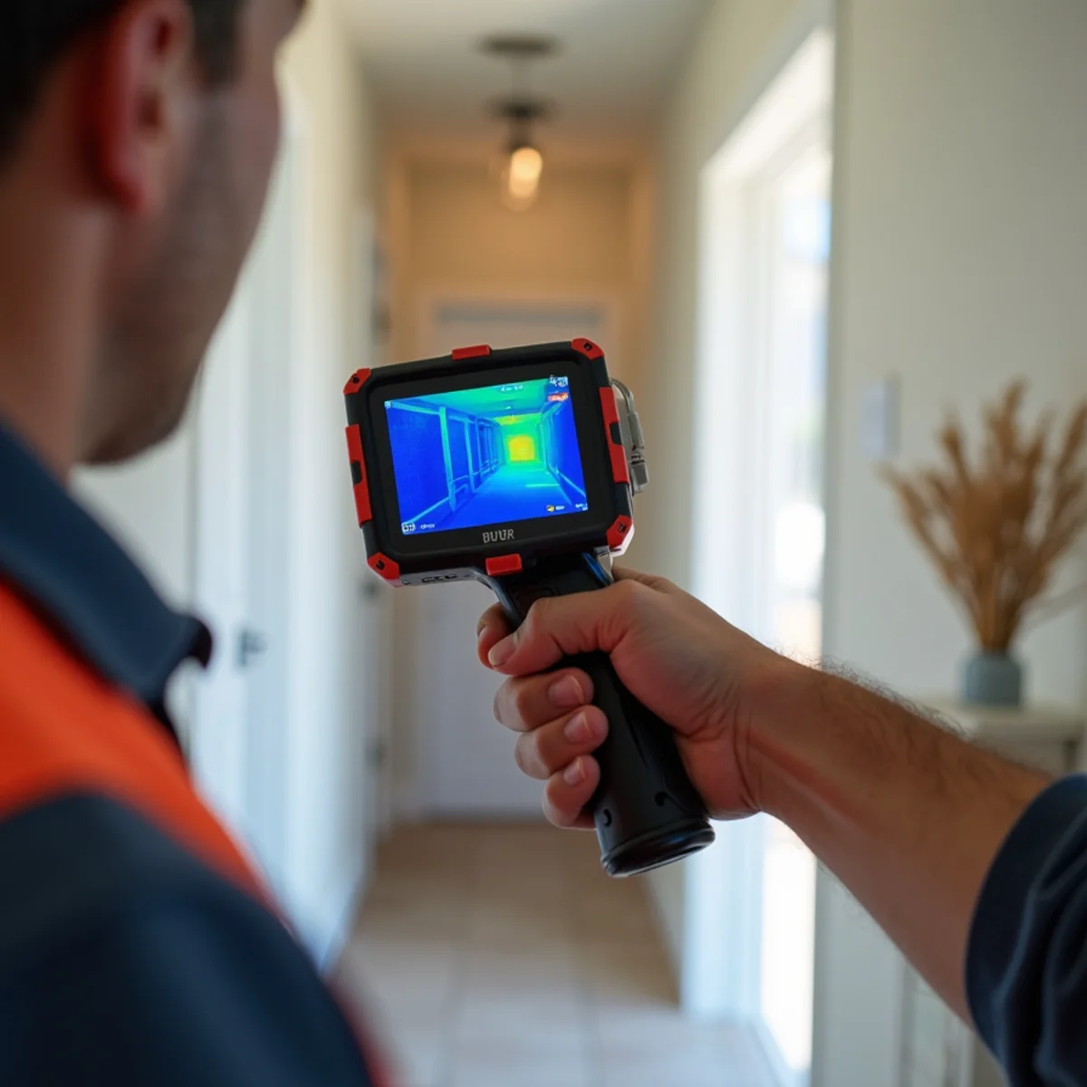 Thermal imaging camera detecting hidden moisture behind residential drywall