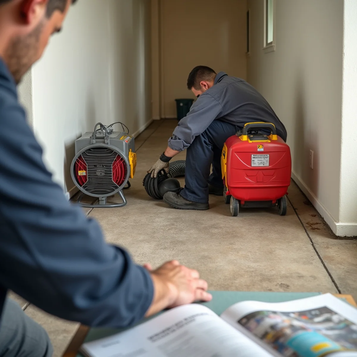 Industrial dehumidifier and high-velocity air movers drying wall framing and baseboards