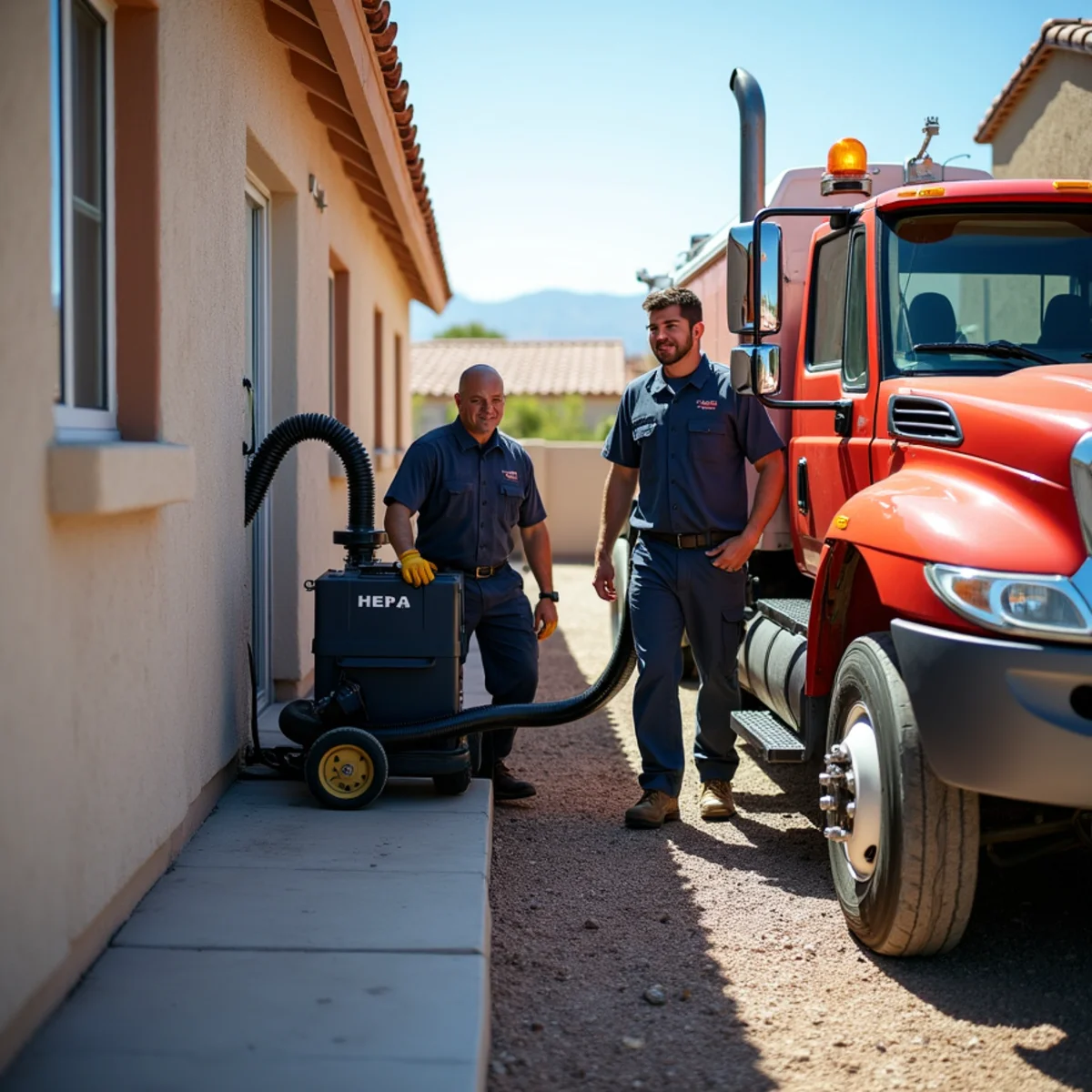 Commercial HEPA air scrubber operating inside contained residential work area