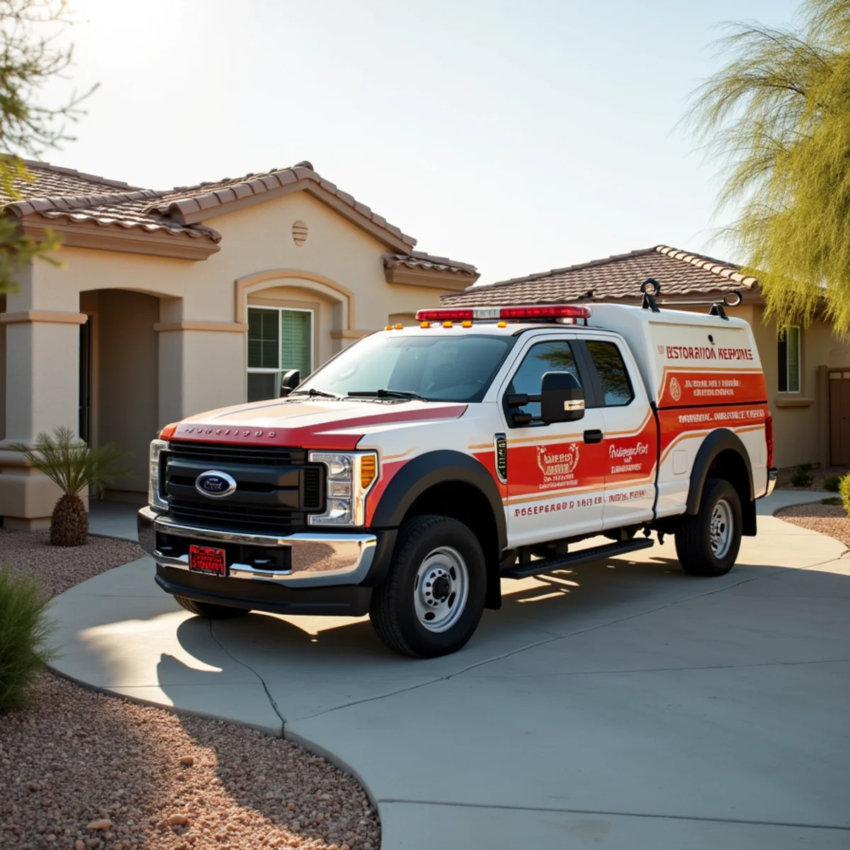 Emergency restoration vehicle staged at Paradise home