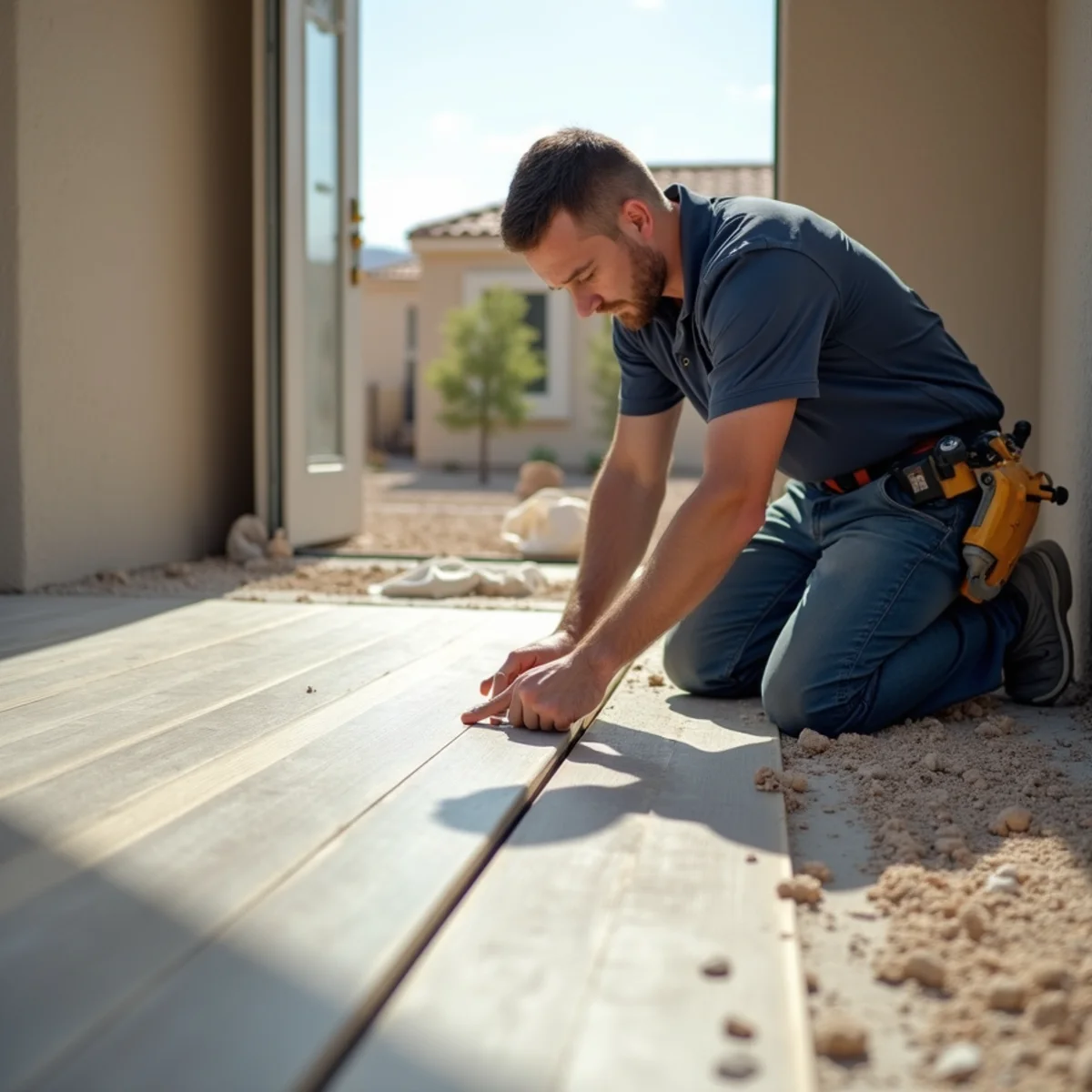 Flooring installer fitting luxury vinyl plank over dry concrete foundation across Las Vegas