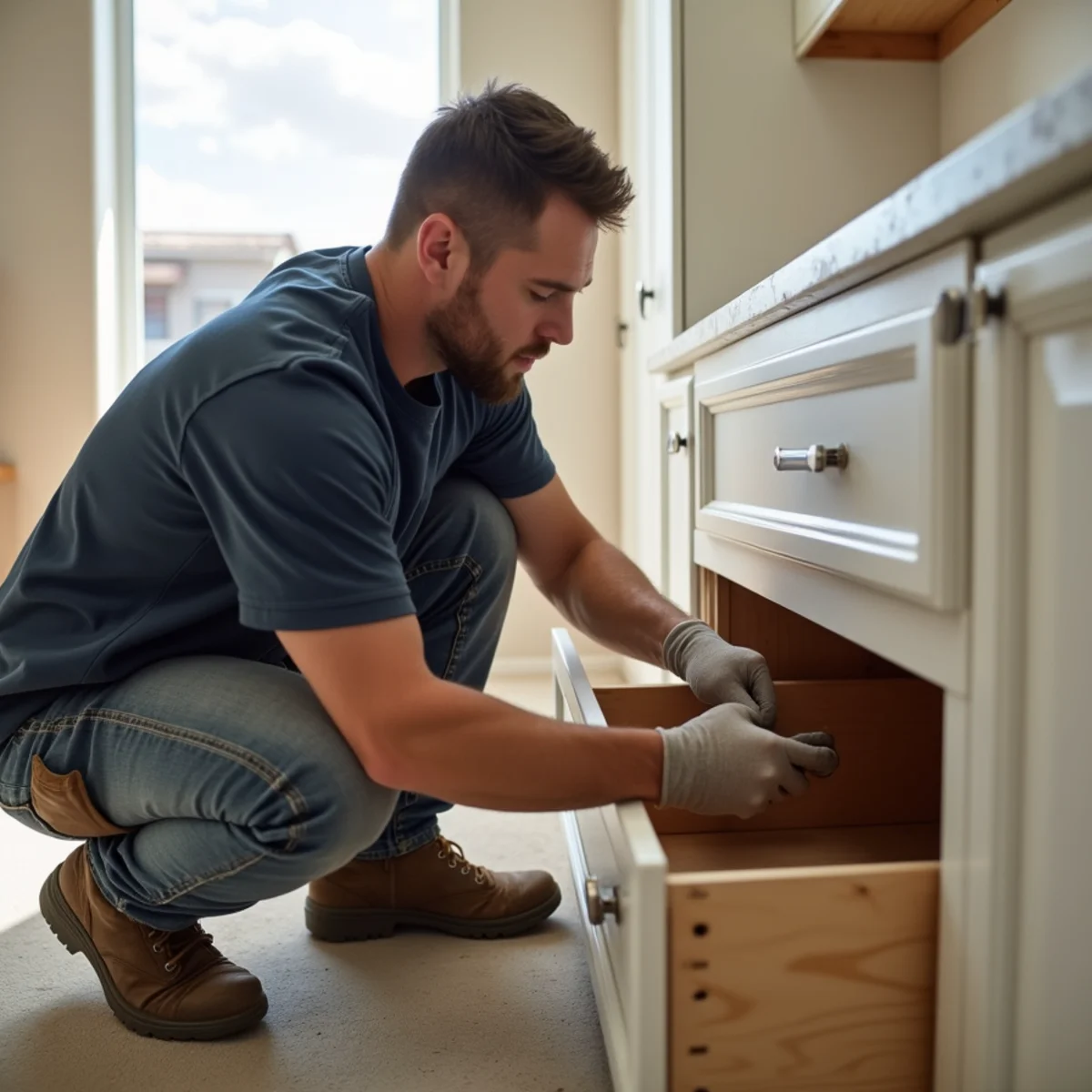 Finish carpenter installing new kitchen base cabinets after water mitigation across Las Vegas