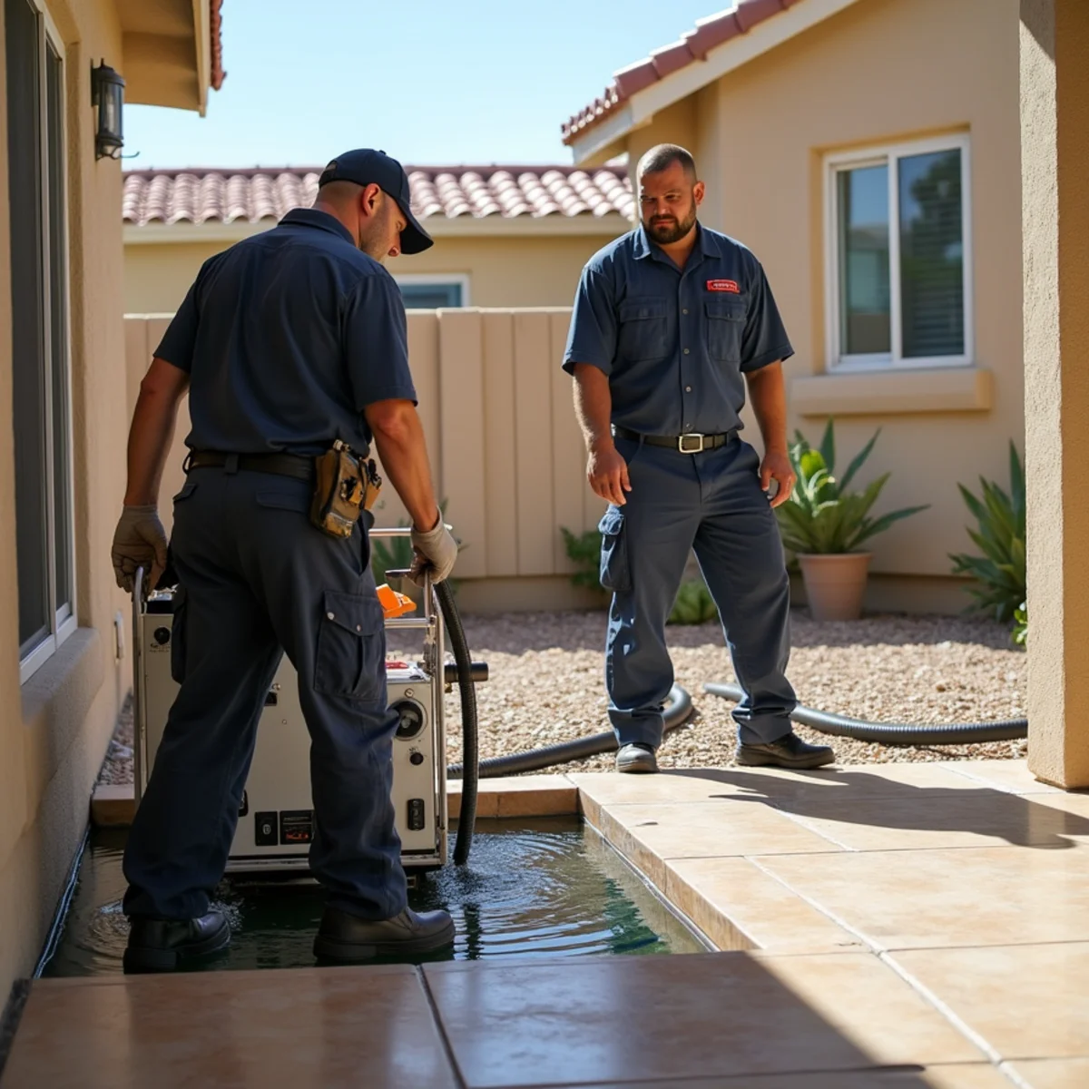 Submersible pump evacuating contaminated sewage backup water from residential bathroom across Las Vegas