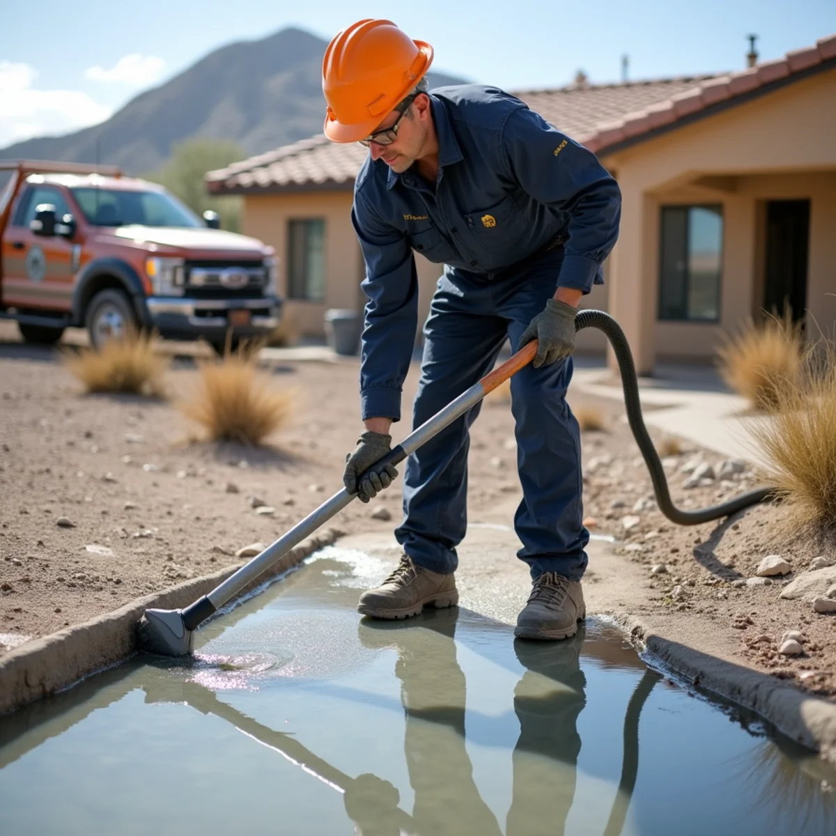 Technician sanitizing bare concrete foundation after sewage backup extraction across Las Vegas