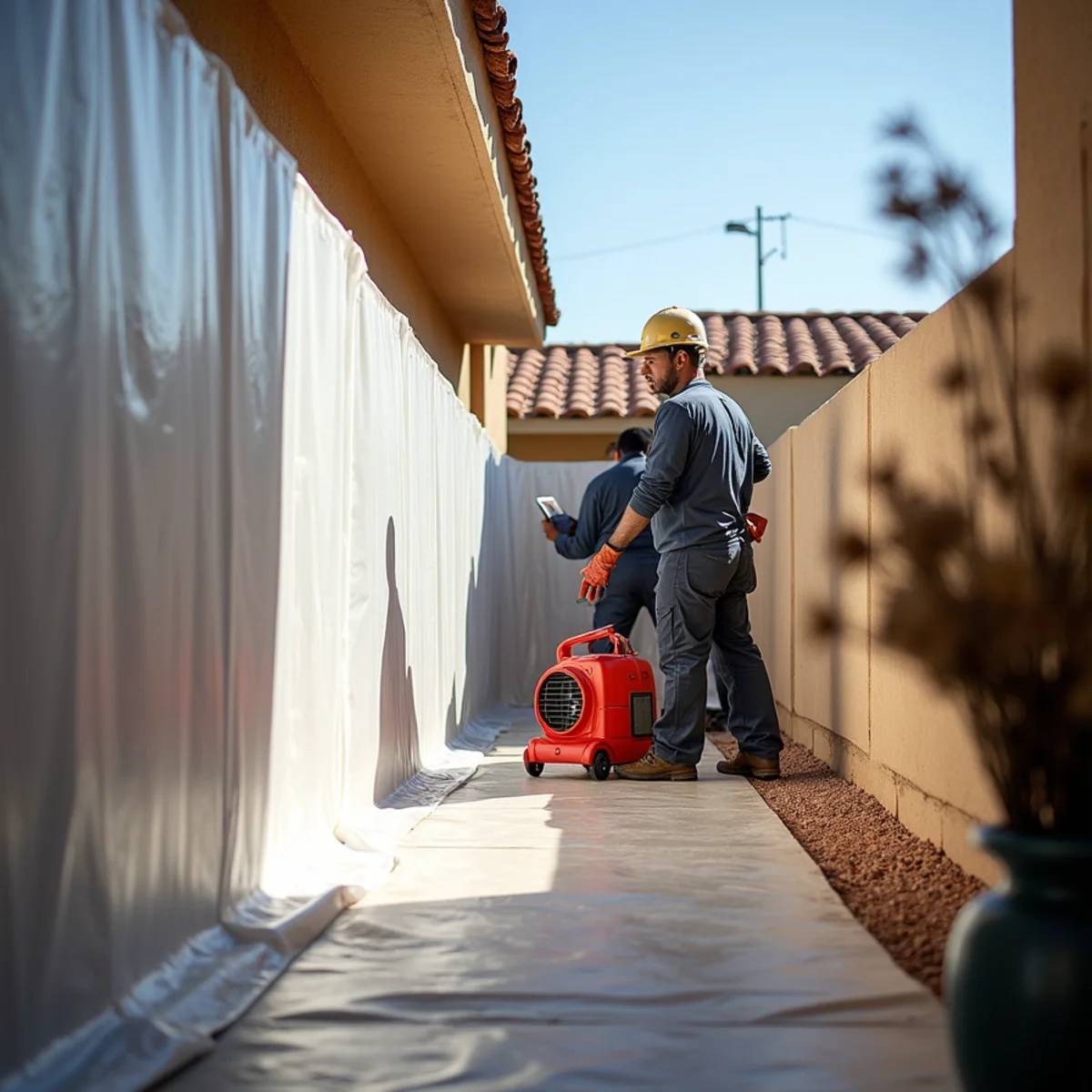Plastic containment barrier with negative air setup isolating damaged hallway